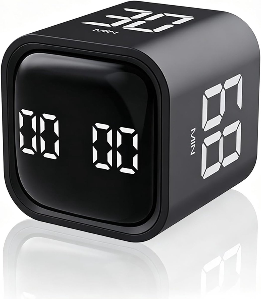 Cube Visual Timer, productiviteitstimer met countdown, 5/10/30/60 minuten, USB-C oplaadbaar, led-display, geluidsalarm en trilling verstelbaar, voor kantoor, studie, taken (zwart)
