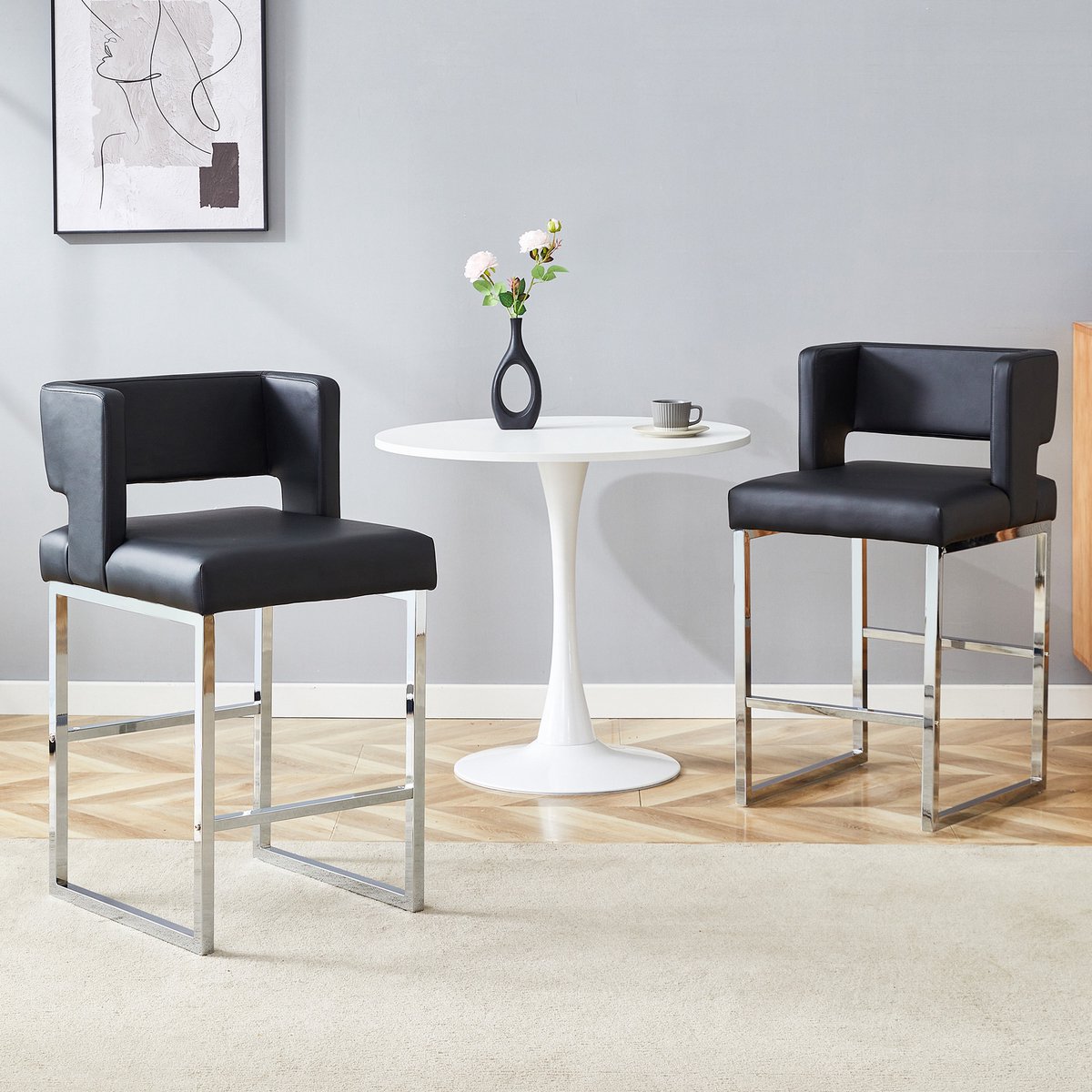 DESMIU Barkruk 91,4 Cm - Set Van 2 Met Rugleuning En Gewatteerde Zitting - Voor Bar En Keukeneiland - Kunstleer En Metaal - Zwart Zilver