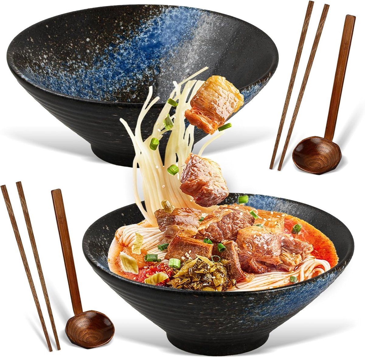 Set van 2 keramische ramenkommen van 1000 ml, ideaal voor ramen, salades en soep met eetstokjes en lepel