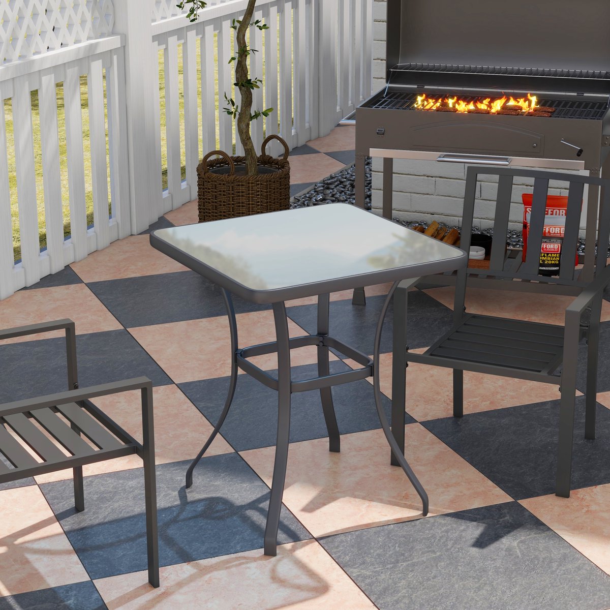 FloraGrace Bistrotafel - Vierkante Tuintafel Met Gehard Glazen Blad - Voor Balkon, Terras En Tuin - Metaal - 68,5 x 68,5 x 84 Cm - Zwart