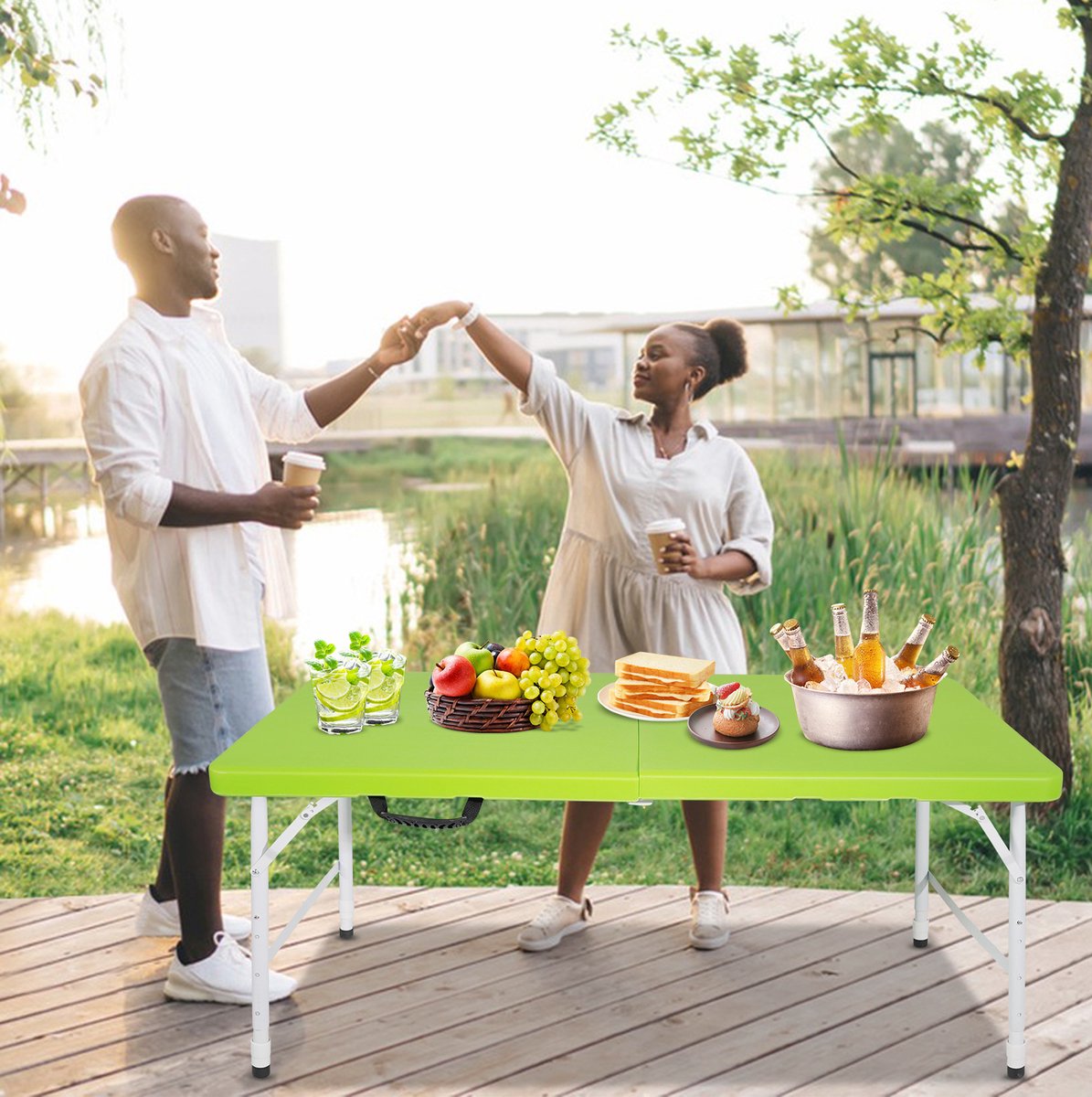 FloraGrace Picknicktafel - Opvouwbare Tuintafel Met Verstelbare Hoogte En Draaggreep - Voor Camping En Feest - Groen - 125x61 Cm