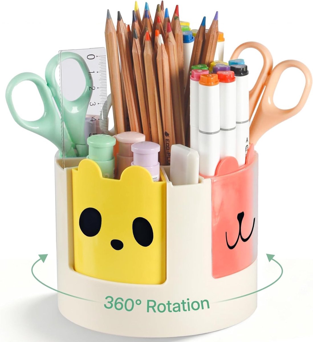 360° Draaibare Pennenhouder met 13 Slots, Schattige Bureau Organizer met Stickers en Rotatie, Ideaal voor Kantoorbenodigdheden en Creatieve Werkruimtes