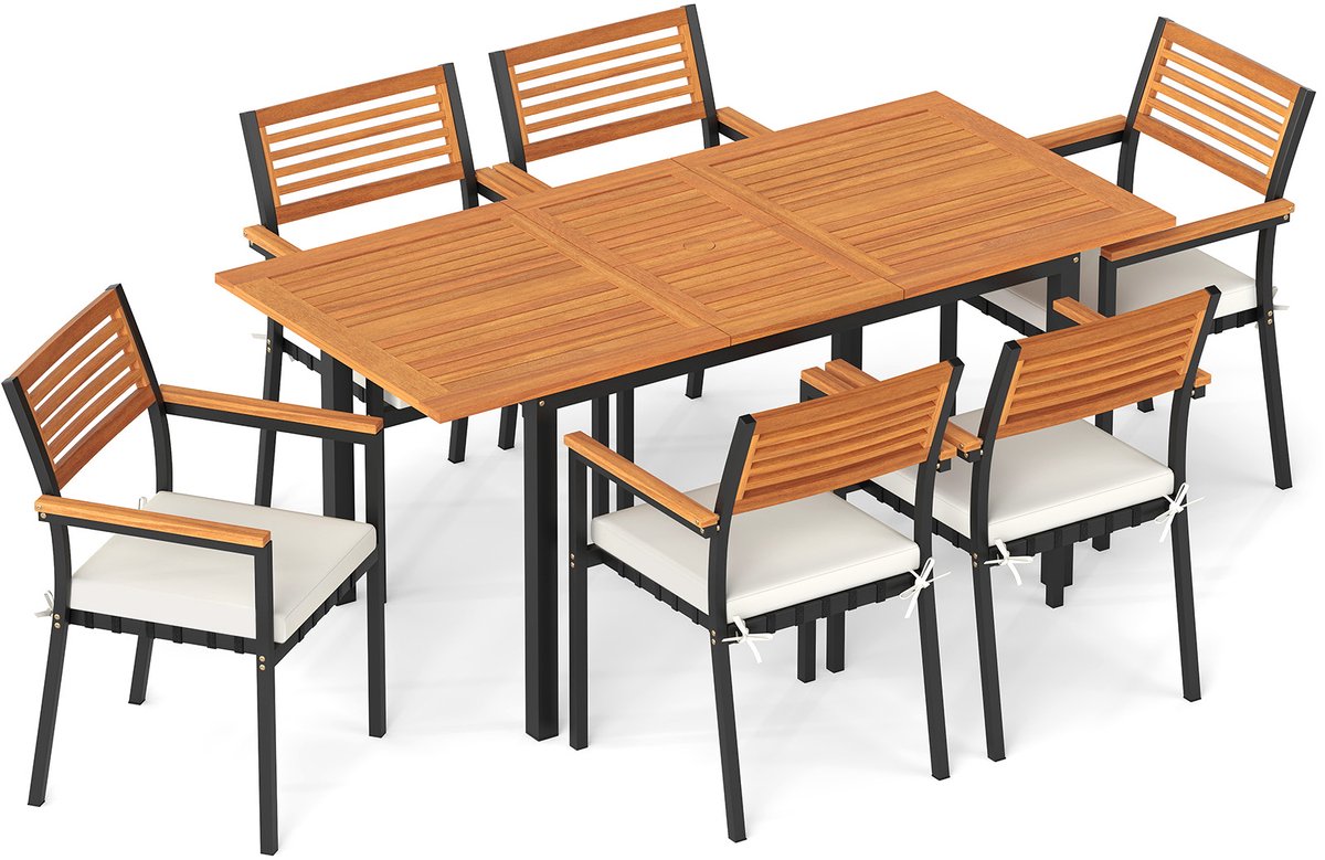 COSTWAY Tuinset, 130/170 x 80 cm uitschuifbare tuintafel met parasolgat, 6 stapelbare tuinstoelen met kussens, zitgroep voor 6 personen, terrasmeubelen, tuinmeubilair, zitmeubilair, eethoek.