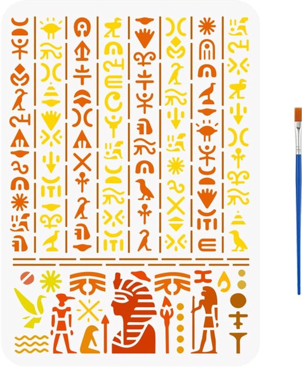 Sjabloon voor Aldagyptisch lettertype met een kwast, 29,7 x 21 cm, sjabloon voor Egyptische symbolen, hiërogliefen, schildersjabloon met Egyptisch thema voor wandtegels, vloermeubels