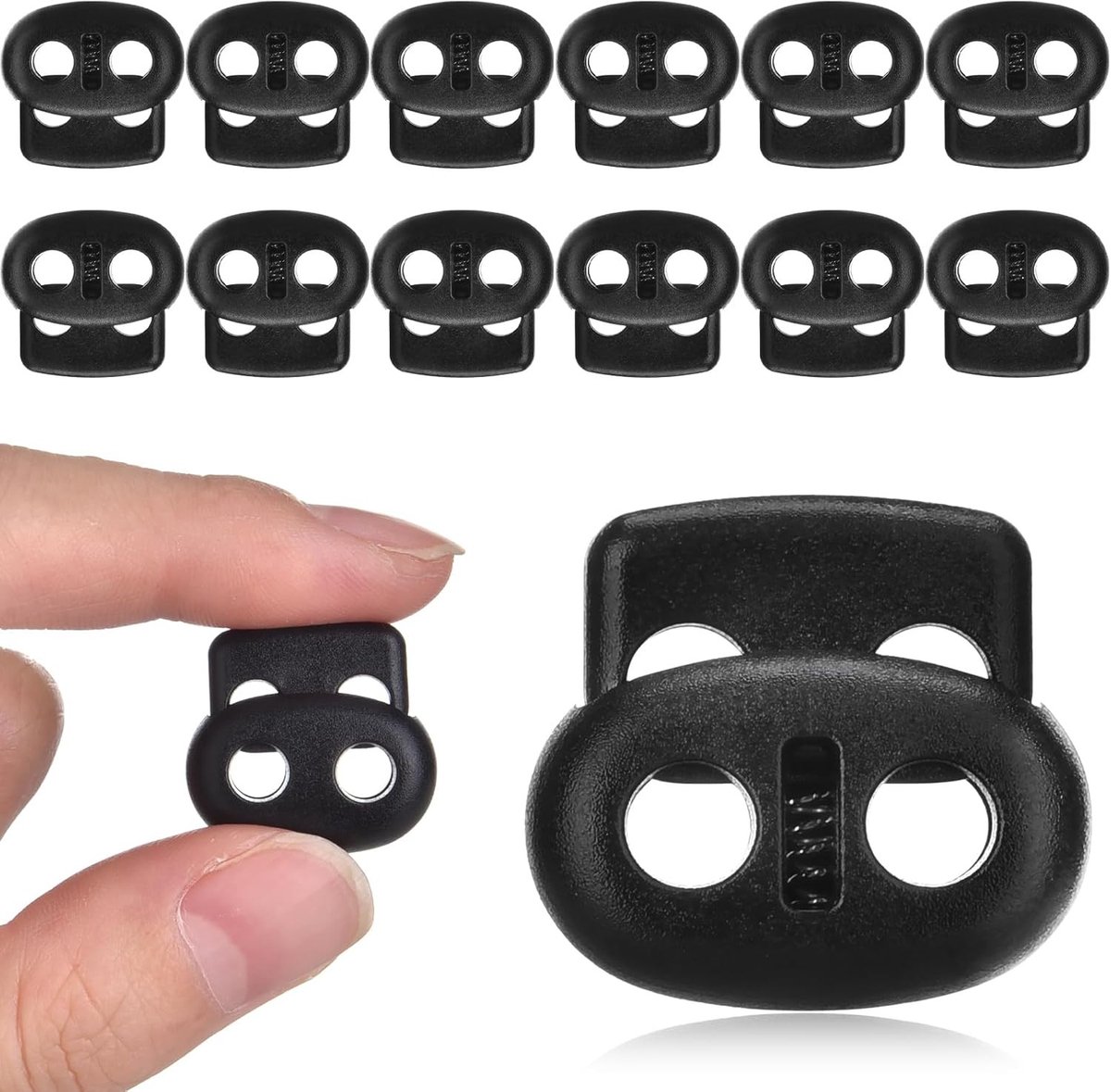 Set van 12 Dubbele Gat Koordstopper 5 x 5 mm voor 4 mm Koorden - Ideaal voor Kleding, Hoeden en Rugzakken, Zwart