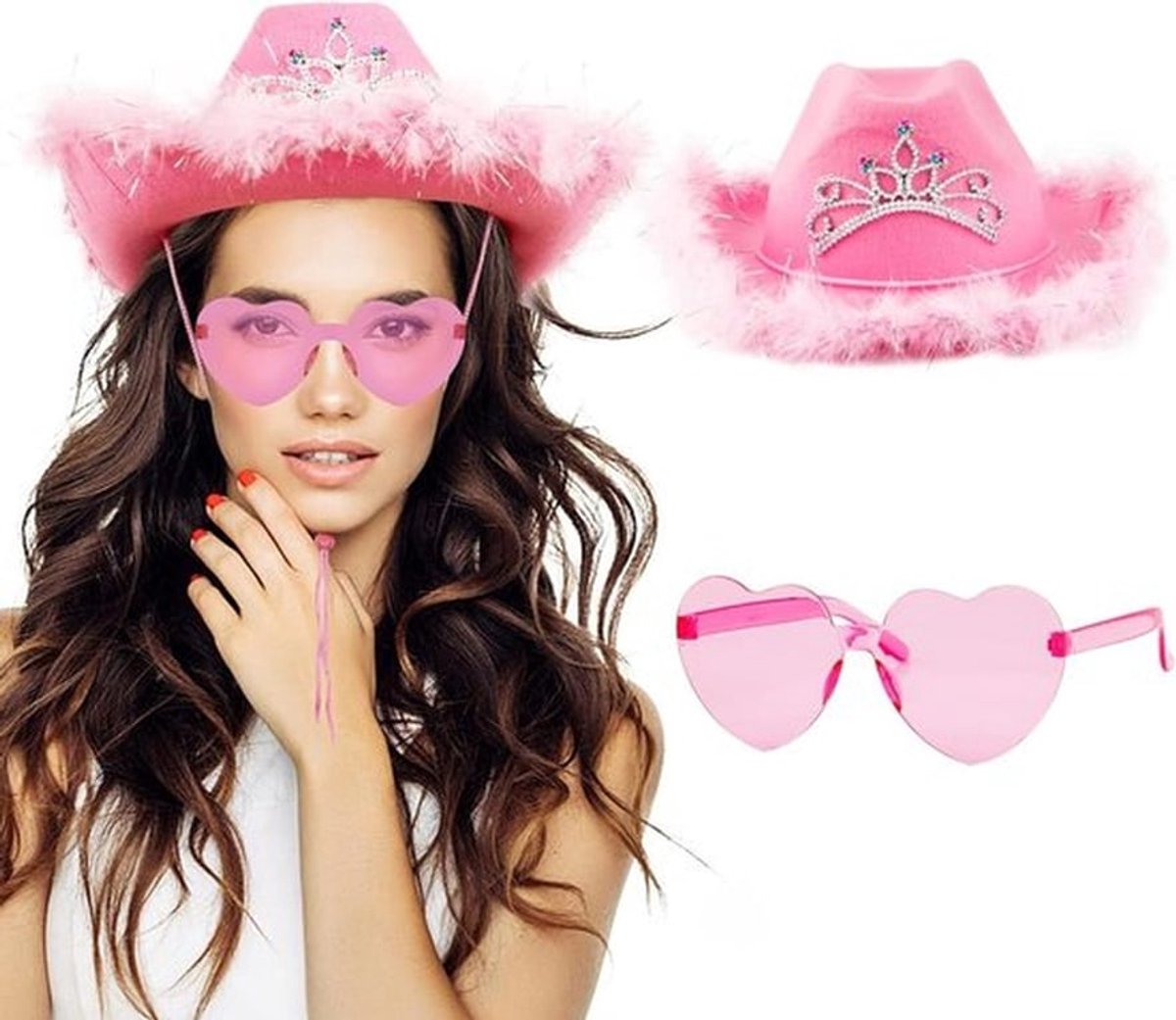 Roze en witte cowboyhoed met hartvormige bril, feestelijk carnavalsaccessoire voor vrouwen, ideaal voor vrijgezellenfeest en vakantie plezier