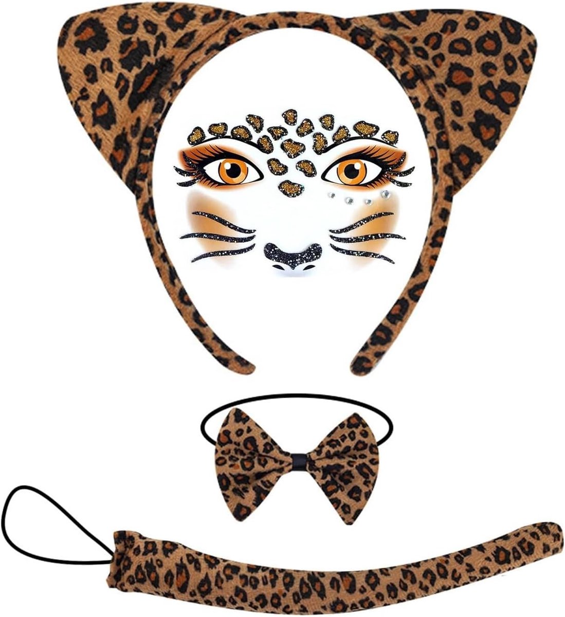 Leopard Kostuum Set voor Dames met Oren, Haarband, Strikstaart en Gezichtsstickers voor Carnaval, Halloween en Cosplay Feestjes
