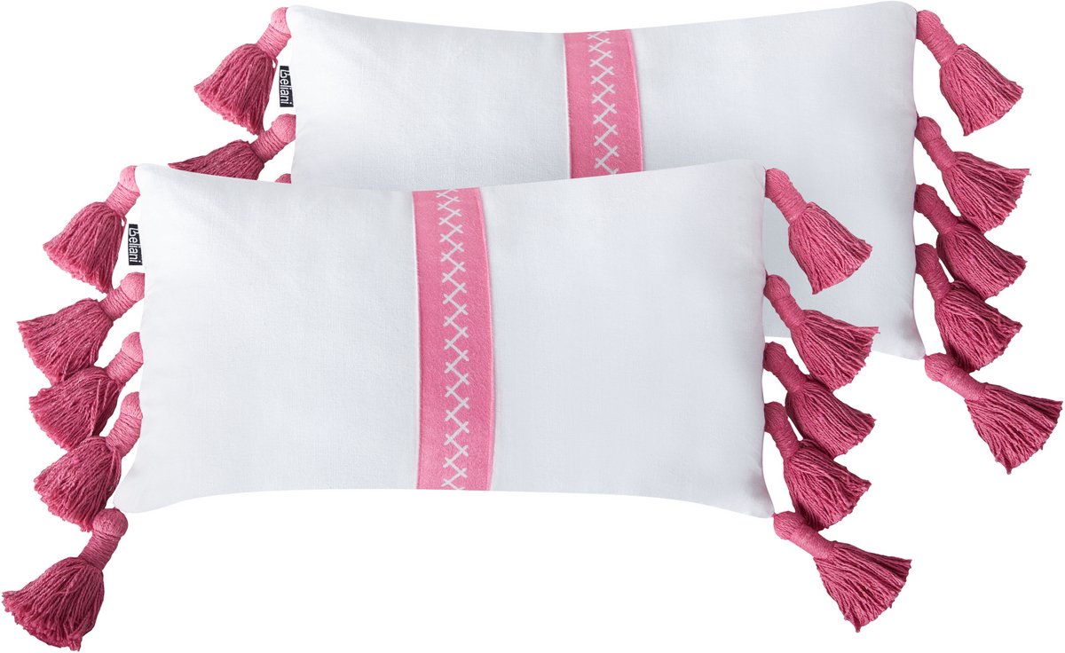 Beliani LOVELY - Sierkussen set van 2 - Wit/Roze - 30 x 50 cm - Katoen