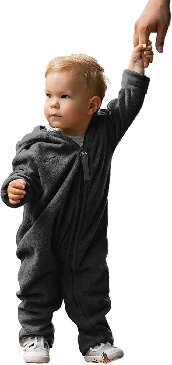 SnelShoppen - Hoppediz Baby Jumpsuit Fleece Extra Lange Benen voor Draagzak, Mouwen en Voeten met Cuffs, Antraciet, Maat 68-74, Ademend en Antipilling