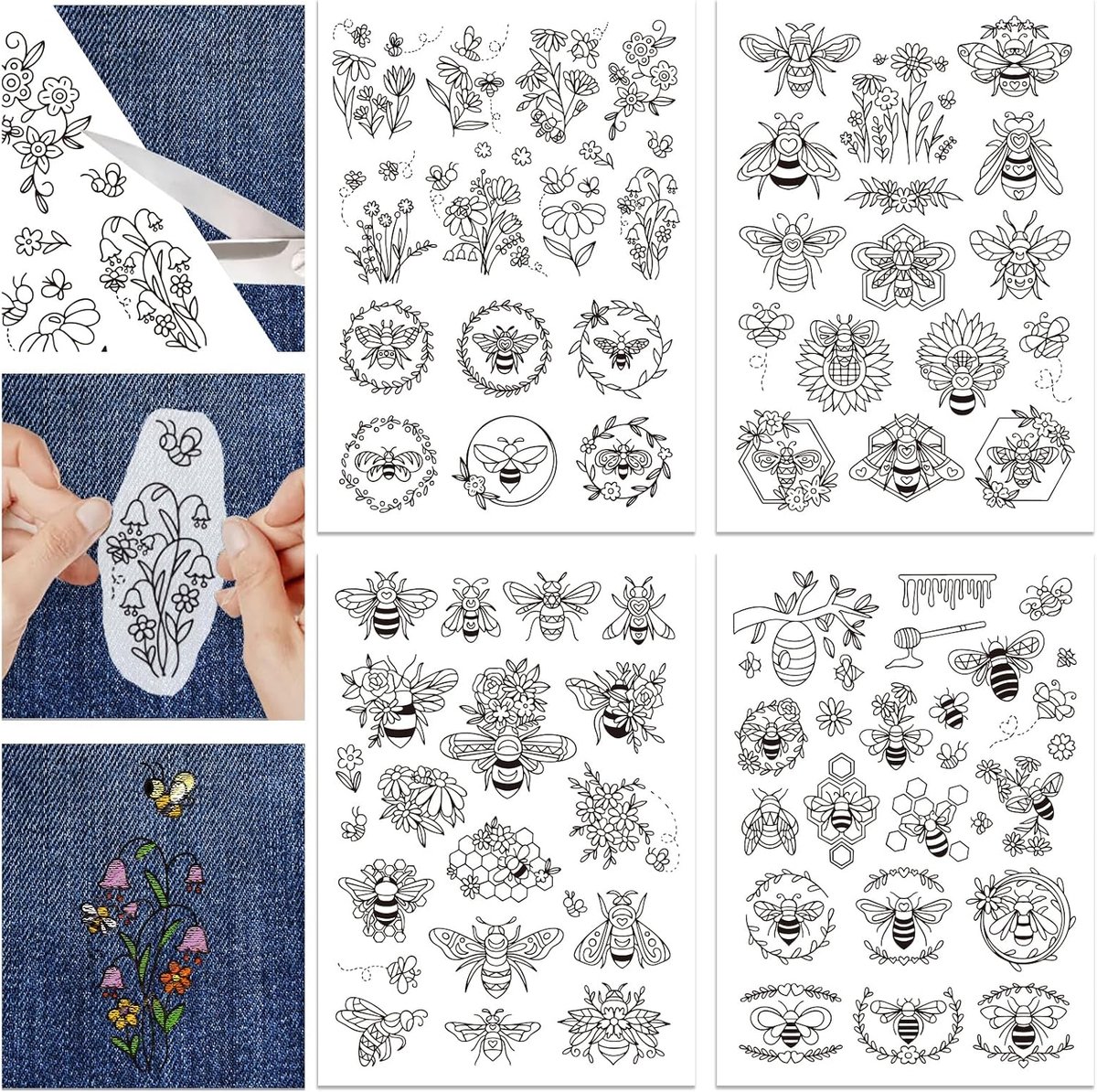 4 vellen Bloemen en Bijen Patroon Wateroplosbare Borduurwerk Handnaai Stabilisatoren voor Stofsteek Oefening Borduurstickers Wegspoelen Stabilisatoren voor Borduurbeginners Liefhebbers