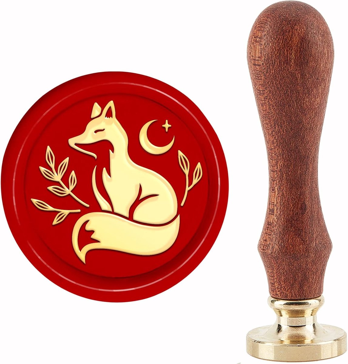 Fox Moon Wax Seal Stempels Verwijderbare Messing Afdichting Stempel Hoofden Vervanging 30mm met Vintage Houten Handvat voor Enveloppen Brief Uitnodigingen Kaart Diy Craft Verjaardag Bruiloft Vakantie Decor Geschenken