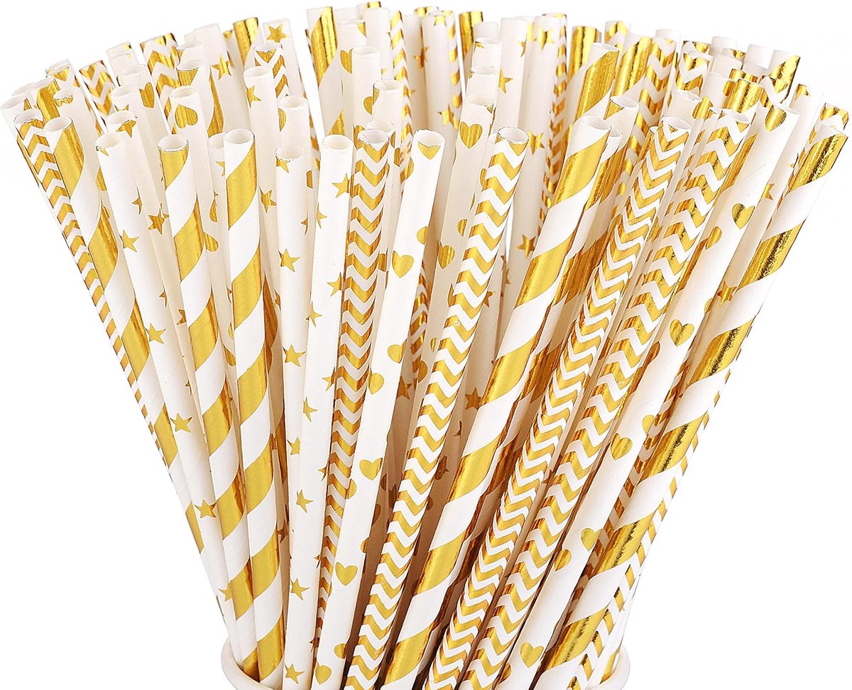 100 Stuks Gouden en Wit Gestreepte Papieren Rietjes - Plasticvrij, Biologisch Afbreekbaar voor Cocktails, Bruiloft, Verjaardag en Feestdecoraties