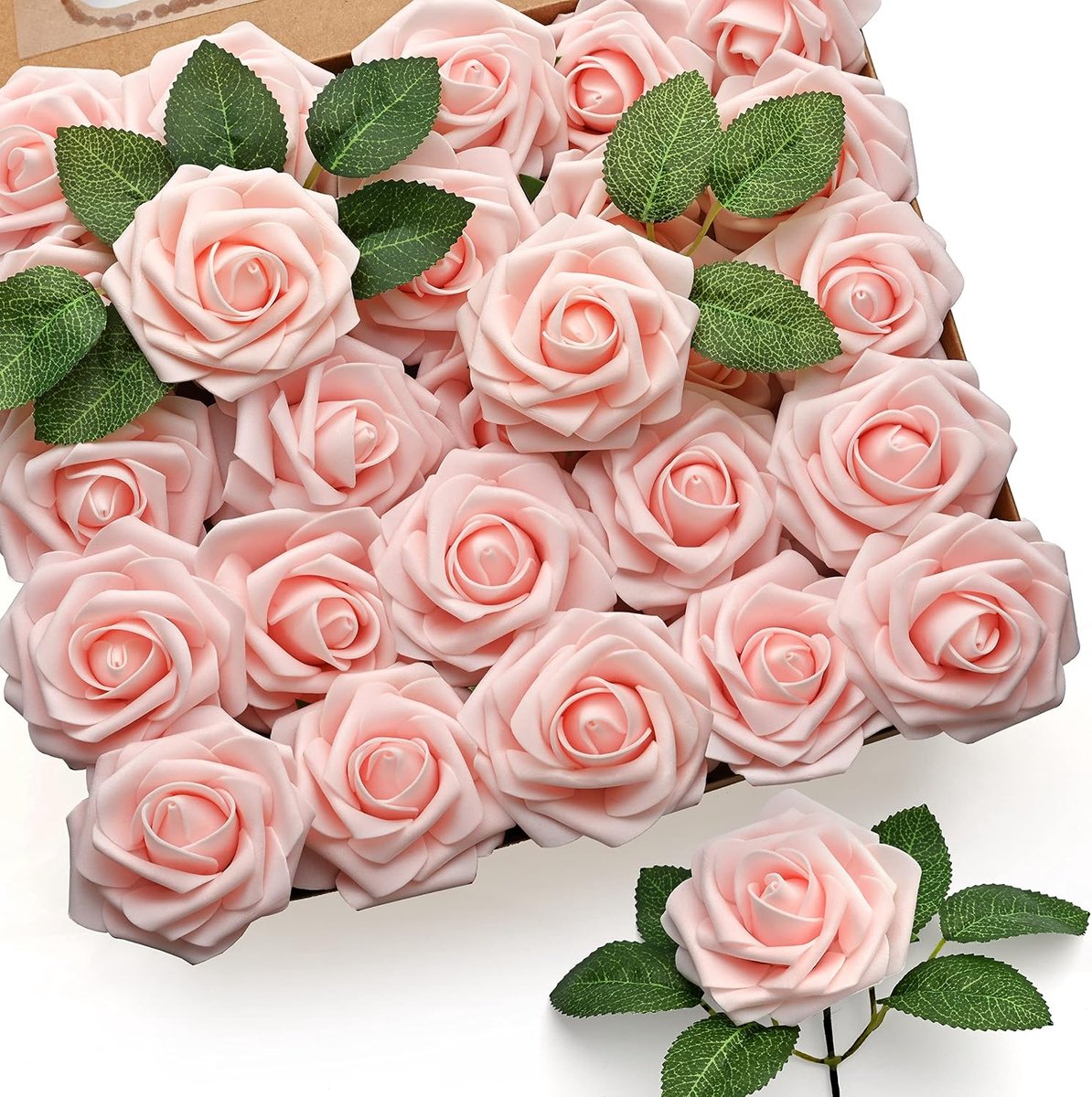 50 stuks kunstrozenbloemen, rozen, blush, echte aanraking, schuim, kunstroos, los met steel voor bruiloftsboeketten, tafeldecoratie, bruidsfeest, feest, thuis, doe-het-zelf decoratie