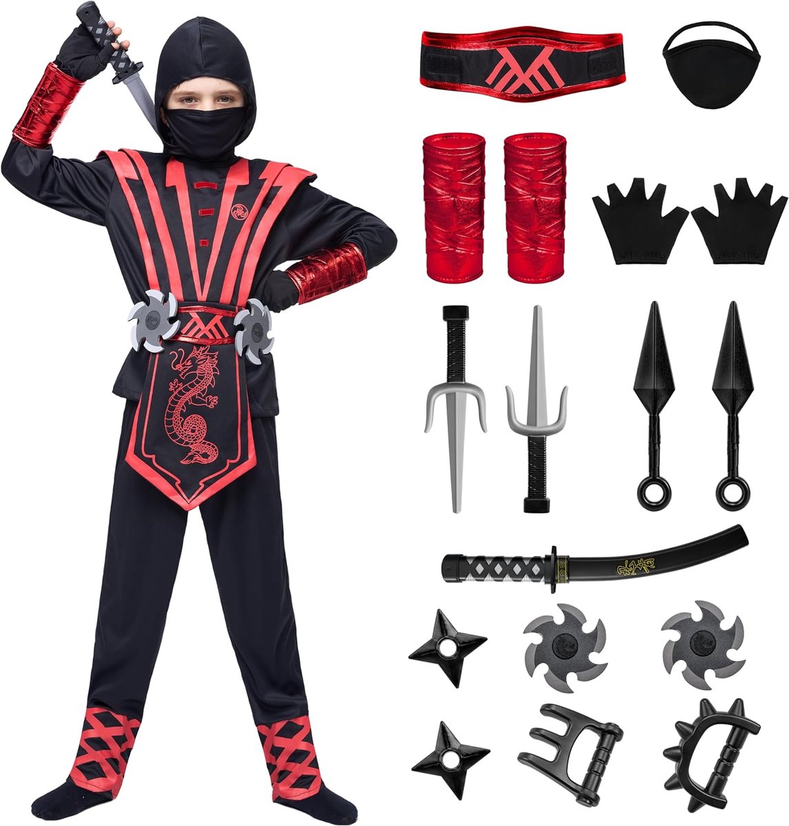 Creations Silver Ninja Deluxe kostuumset met Ninja-schuimaccessoires, kinderspeelgoed, Kung Fu-kostuum, Halloween-ideeën