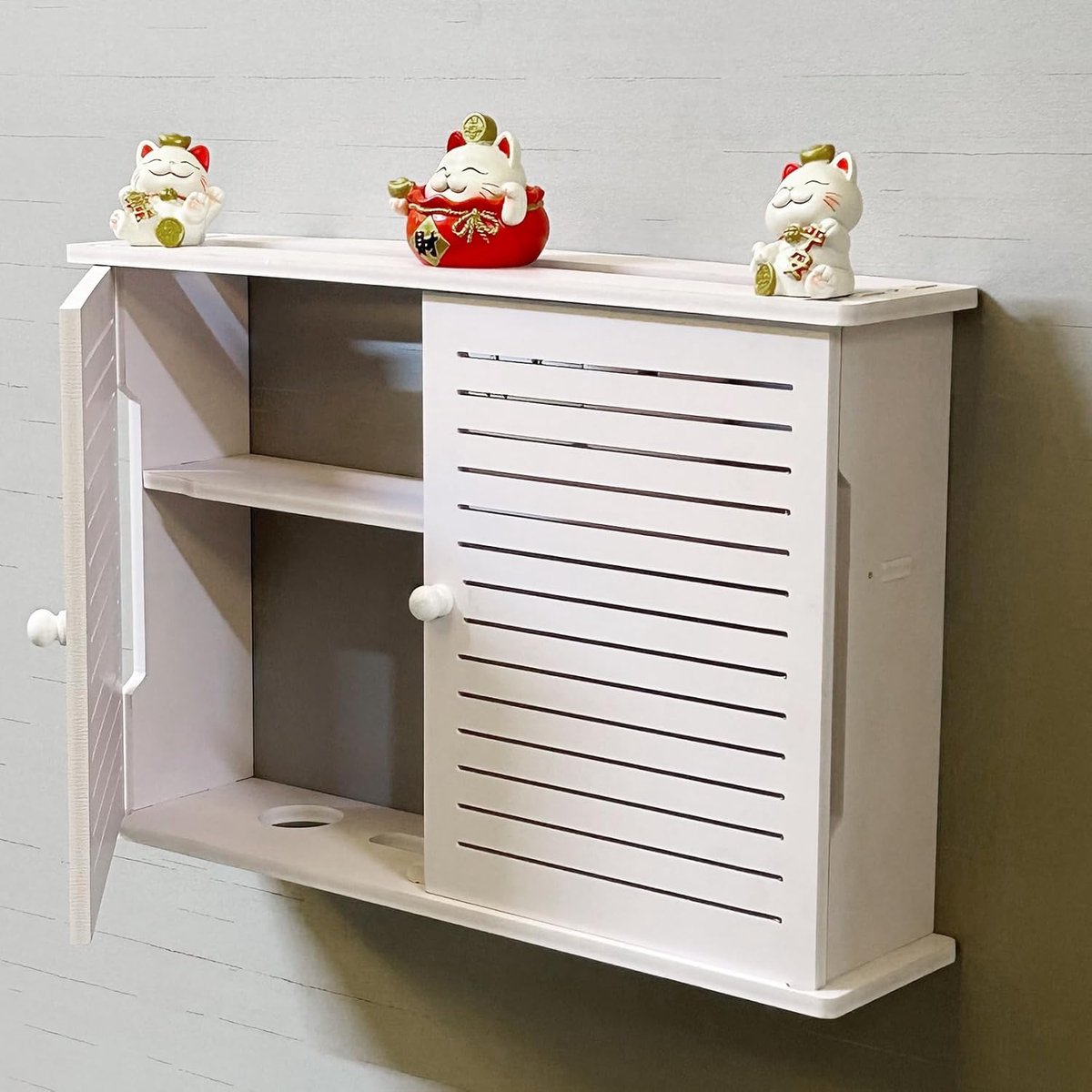 2-laags wandrek voor wifi-router en kabelbox, elegante zwevende planken met dubbele deurluiken - geoptimaliseerde oplossing voor opslag en woondecoratie