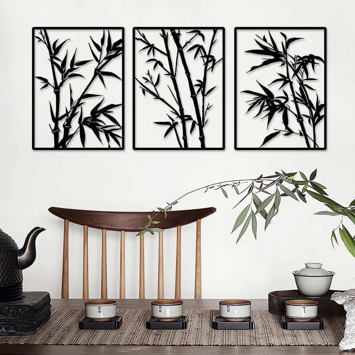 Grote metalen bamboe muur decoratief, metalen muur kunst decor, boom opknoping teken, bamboe sculptuur voor muur decorPack van 3 (Totaal 50 x 22 inch)