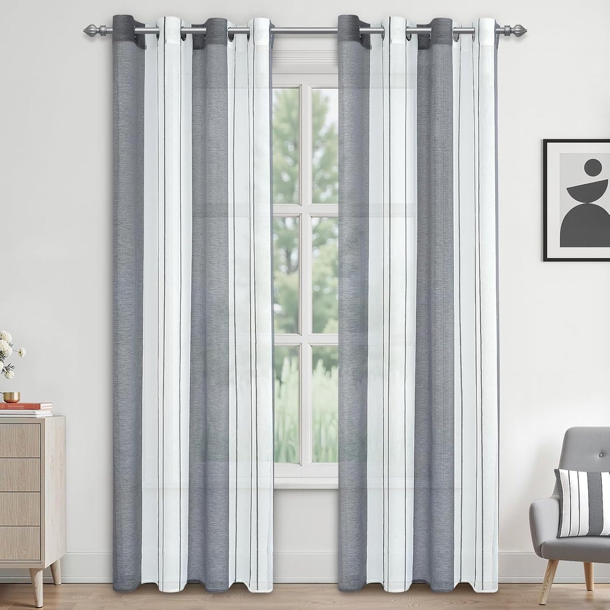 Voile gordijnen, kort, halftransparant, strepen, vitrage met ingestanste ringen, moderne woonstijl, wit + grijs, 245 x 140 cm (h x b voor decoratie kinderkamer, woonkamer, slaapkamer, set