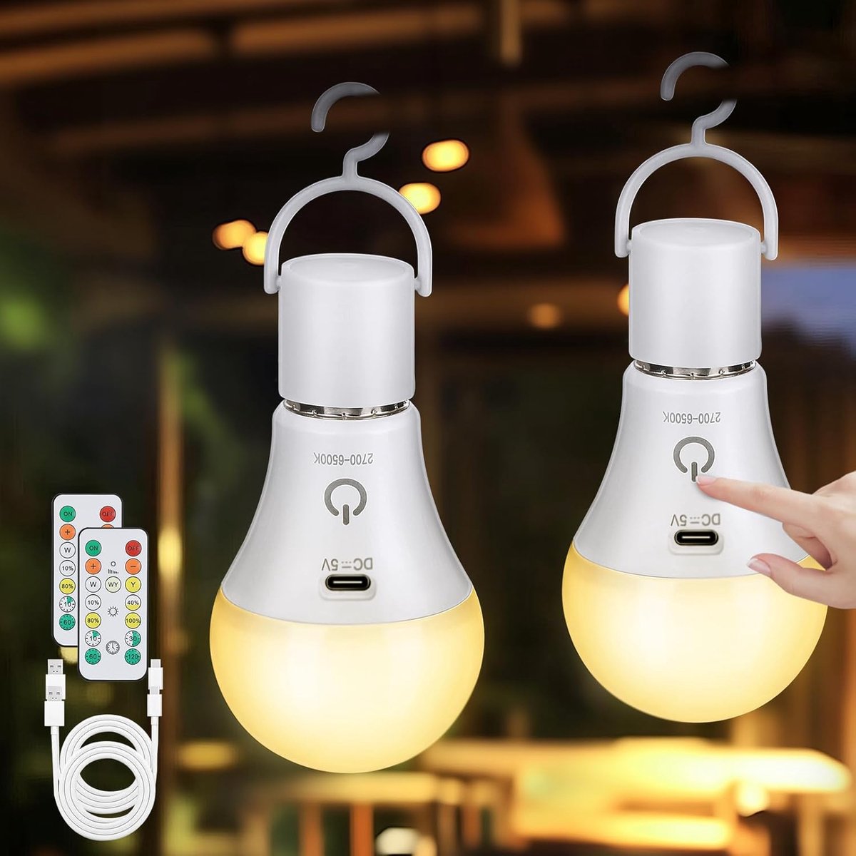 Oplaadbare Gloeilamp met Batterij, Afstandsbediening E27 USB 7W, Oplaadbare 3 Kleuren Dimbaar met Tijdfunctie, Touch Control Outdoor Noodverlichting 2 Stuks