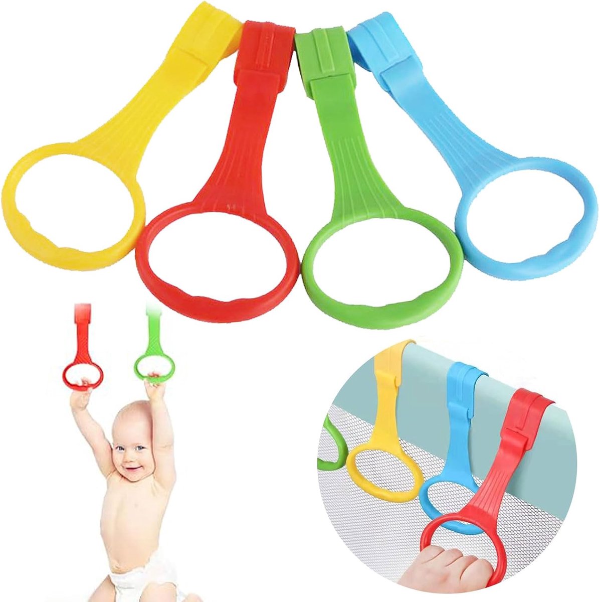 Ringen voor kinderbedden, 4 stuks ringen, babyhandringen, handgreep, afneembare handringen voor baby peuter voor beenoefeningen, opstaan, oefening in kinderbedden, reisbedden