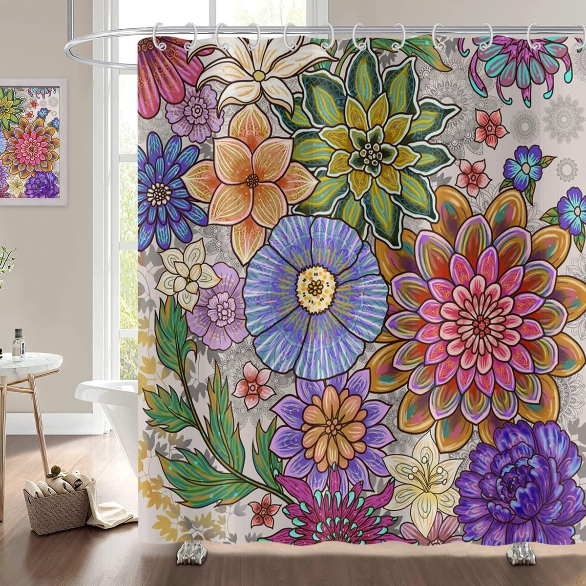 SnelShoppen - Boho Bloemen Douchegordijn 120x180 cm, Bohemian Kleurvolle Vintage Bloesem Aesthetic Badkamer Gordijnen Waterdicht Polyester Wasbaar met