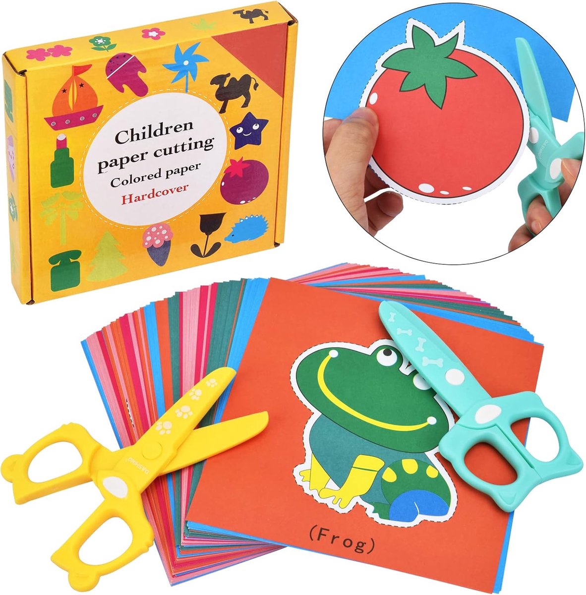 Papieren snijset voor kinderen, 2 veiligheidsscharen + 48 vellen | Veilige ronde scharen + kleurrijk knipwerk. Perfect voor kinderdagverblijf en thuis – speels leren voor jonge kinderen.