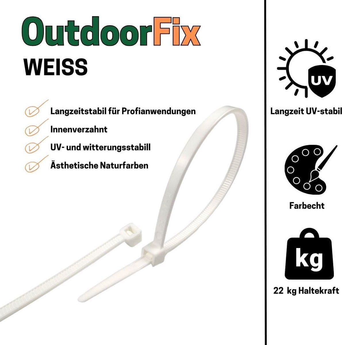 Kabelbinders 200 x 4,6 mm, 50 stuks - wit - weerbestendig, uv-bestendig