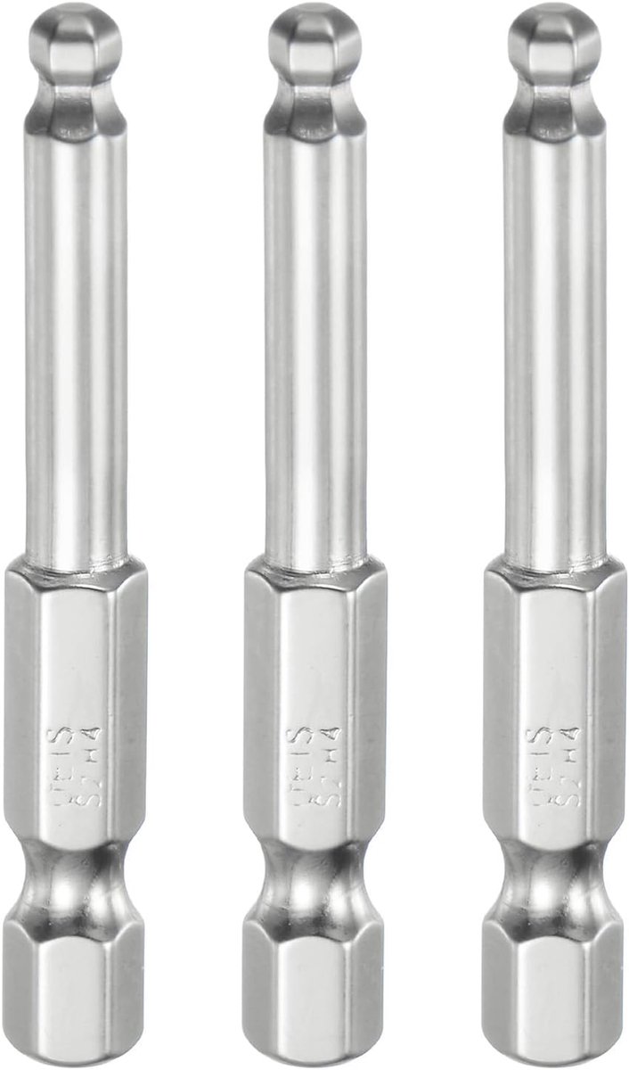 Set van 3 magnetische kogelschroevendraaierbits 4 mm (H4.0) grootte 1/4 inch zeskantschacht 50 mm lengte magnetische kogelkop staal S2 metrische bits.