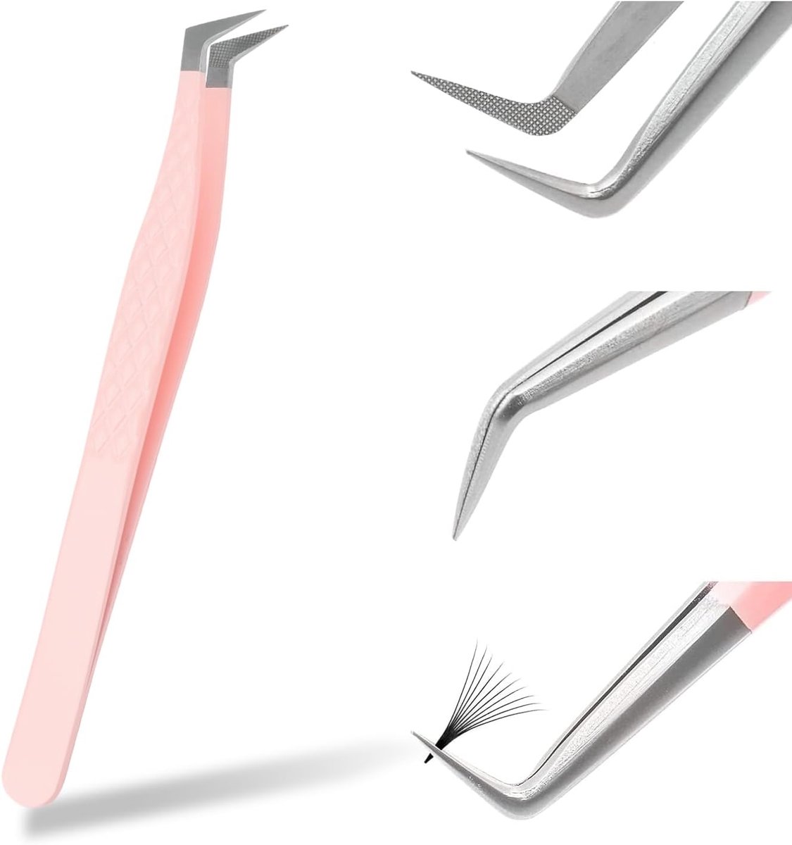 wimperverlenging pincet voor wimperverlengingen, metalen roestvrijstalen pincet, roze gebogen, alleenstaand (zeven pincetten)