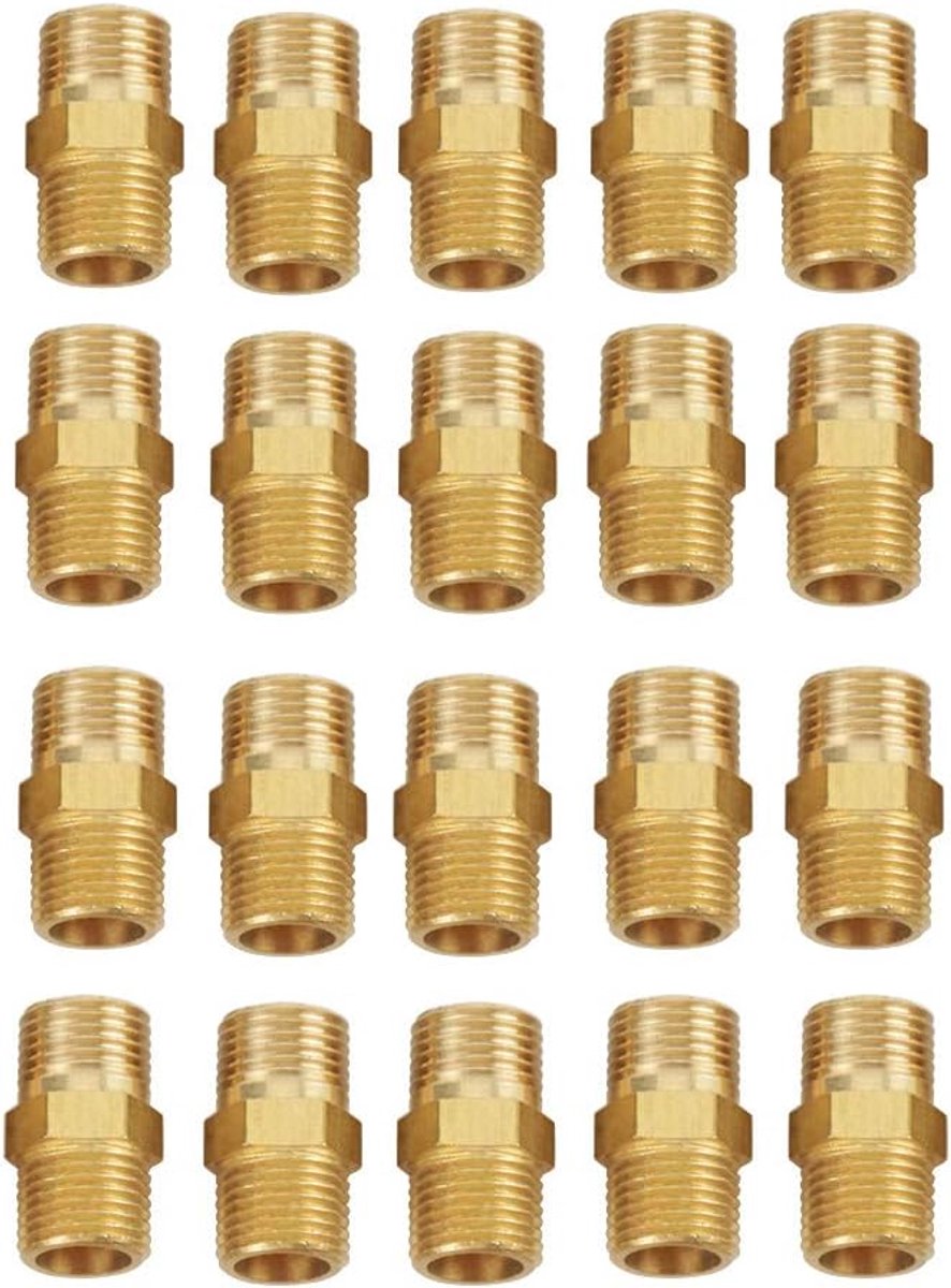 Messing buis hex nippel buitendraad 1/8 BSP naar 1/8 BSP fitting sneladapter set van 20 stuks