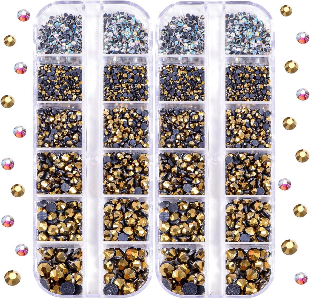 Hotfix Strass 2 Doos Totaal 5200 Stuks Gemengde Grootte Ronde Kristallen Glas Edelstenen voor Kostuum Sieraden Maken (Mijn Goud)
