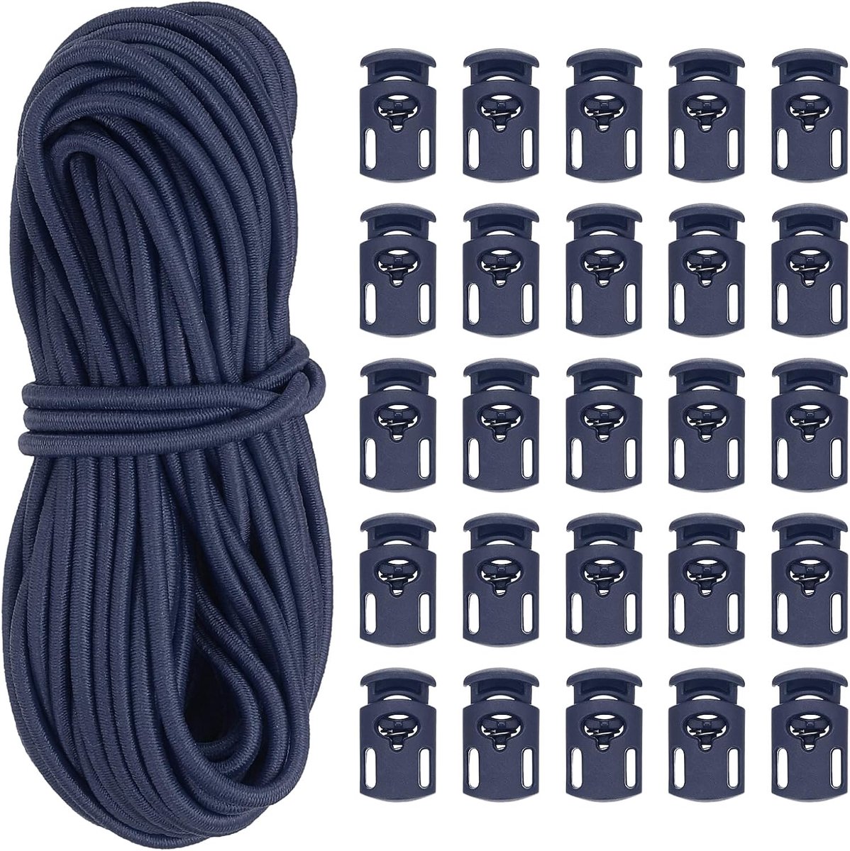 10 Yard Elastisch Bungee Cord & Single Hole Cord Lock, 25 Pack Plastic Ovale Spring Toggle Stopper voor Paracord Trekkoord Schoenveter Kleding Rugzak Tassen, Donkerblauw