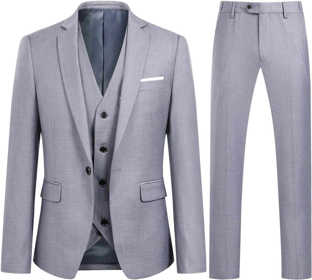 formeel 3-delig herenpak met één knop, ingekerfde revers, voor zakelijk gebruik of als bruiloftskostuum bestaand uit een blazer, broek en vest