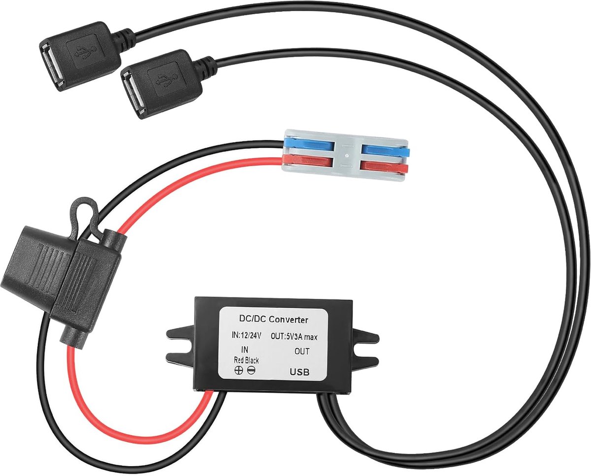 8V-32V Buck to 5V 3A 15W max Dual USB A Voltage Converter, DC 12V/24V naar Dual USB-A Vrouwelijke Buck Module Power Converter met zekering, klemmenblok, waterdicht, voor auto's en monitoren.