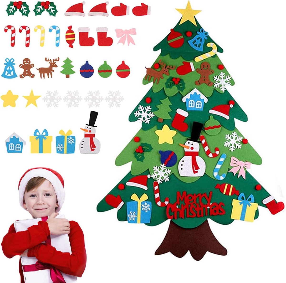 Kerstboom, XPOOP DIY Vilten Kerstboom Set met 32 STUKS Ornamenten, Vilten Boom, Kerstcadeaus voor Kinderen, Muur Hangende Kerstboomversieringen, Vilten Kerstboomversiering