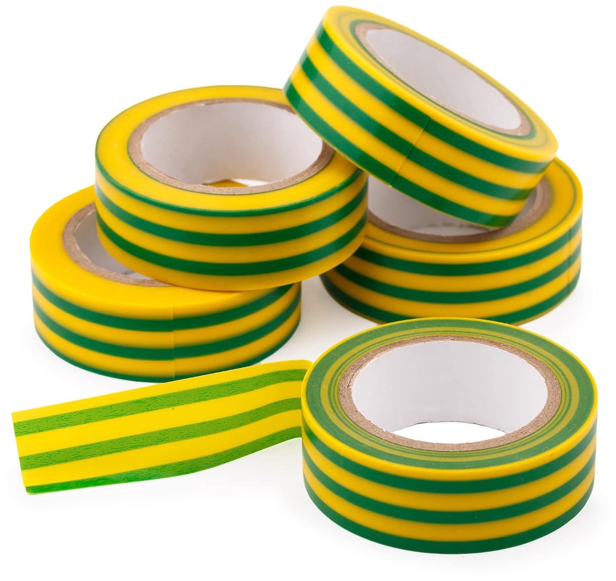 Isolatietape, 19 mm x 10 m, groen en geel, 5 rollen, pvc, isolatietape voor elektrische isolatie, waterdichte en vlamvertragende elektrische isolatietape