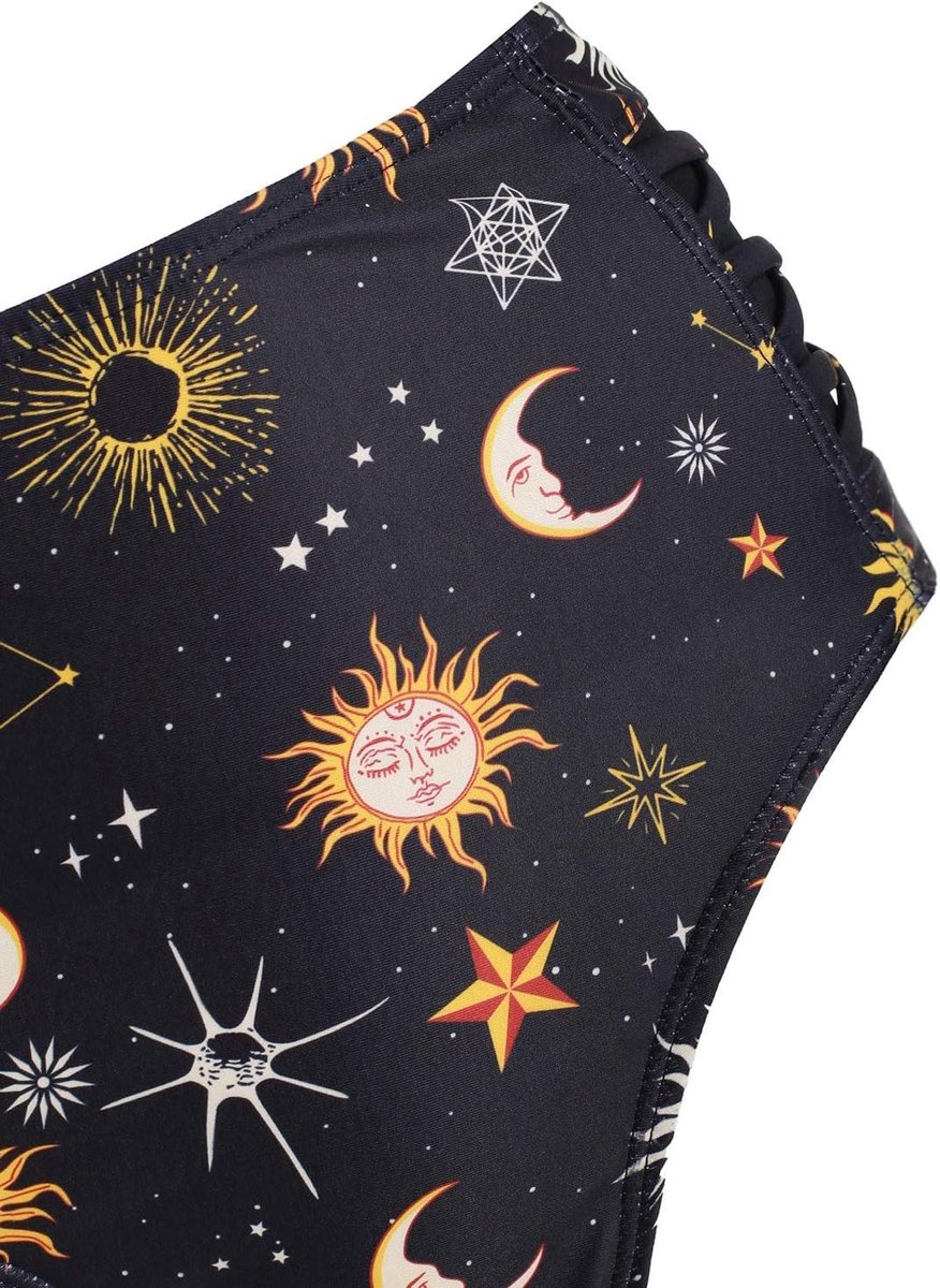 Dames bikini, zomerse badkleding, zon–ster–maan print met ruitpatroon, hoog getailleerde tankini zwempak