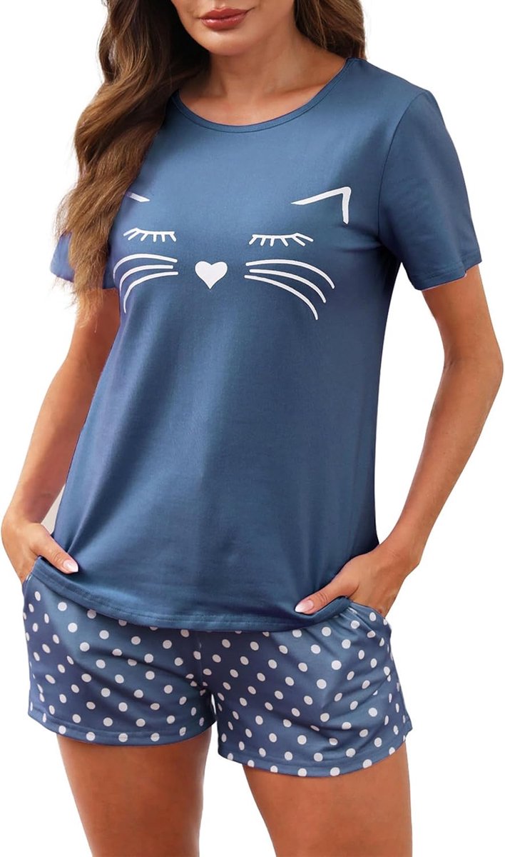 Pyjama's Dames Korte Katoenen Nachtkleding met Korte Mouwen Tweedelige Zomer Set met T-Shirt en Pyjamabroek Loungewear