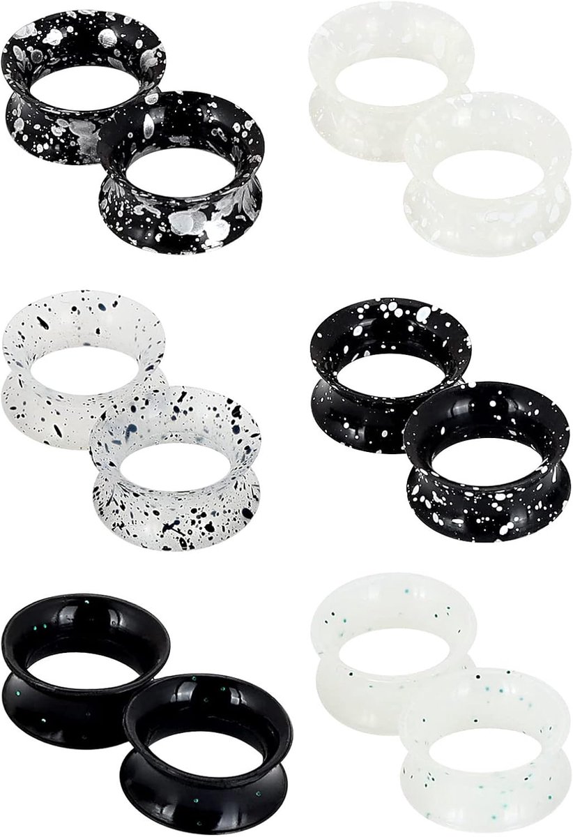 12er Set Schwarz Weiß Silikon Ohr Tunnel Set mit Punkten Ohr Piercing Schmuck 6mm-16mm