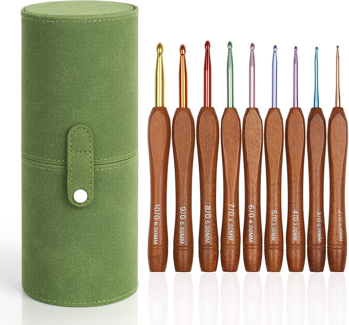 Haaknaaldenset, houten handvat, 9 stuks, ergonomische haaknaalden met groene opbergdoos voor artritische handen, 2,0-6,0 mm, lichte starterhaaknaalden met kleurrijke aluminium haakkop voor