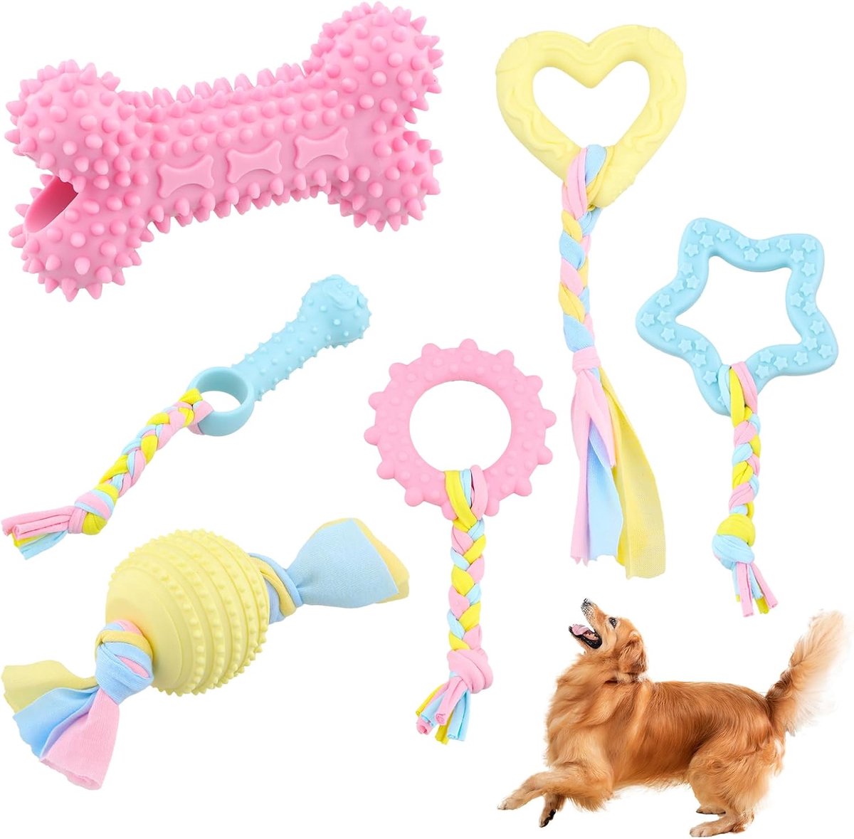 6 Stuks Puppy Hond Tandjes Speelgoed Hond Kauwspeelgoed Set Puppy Tandjes Kauwspeelgoed Puppy Speelgoed Puppy Speelgoed met Bal en Kleurrijke Touwen Interactief Hondenspeelgoed Rubber