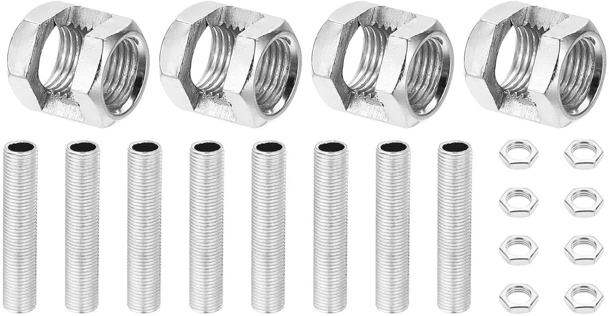 Reparatieset voor lampbuizen met fijne schroefdraad M10, 4 stuks M10 × 15 moeren, zeskantige koppeling, metalen schroefdraadbuis en zeskantmoer, verlengstang voor verlichting