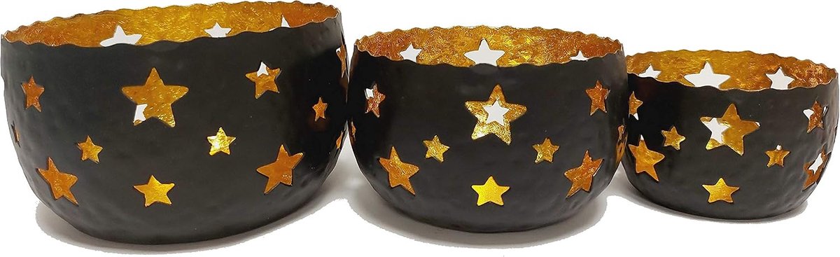 Theelichthouder metaal set van 3 zwart/goud windlichten, kerstdecoratie, decoratie