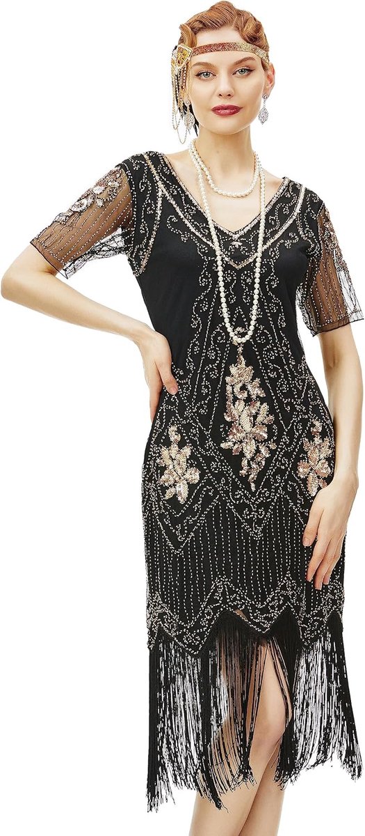 1920 Flapper Fringed Pailletten Jurk Brullende jaren '20 Fancy Jurk Gatsby Kostuum Jurk V-hals Vintage Kralen Avondjurk