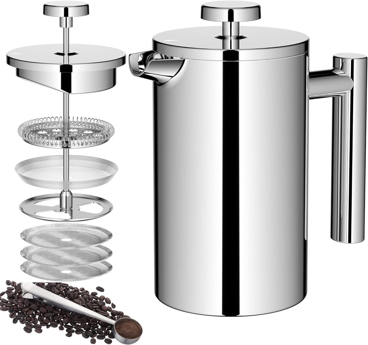 Koffiezetapparaat voor frans en pers, 600 ml, roestvrij staal, 3-traps filtratiesysteem, dubbelwandige geïsoleerde Franse pers