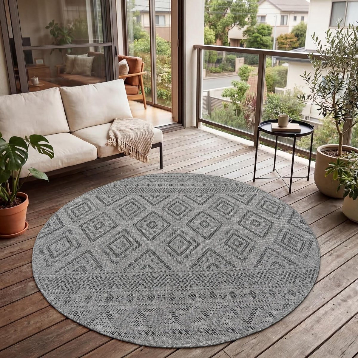 Home In-& Outdoor Vloerkleed Balkon Terras Keukenvloerkleed Modern Boho Ethno Patroon, Maat:Ø 80 cm rondje, Kleur:Antraciet