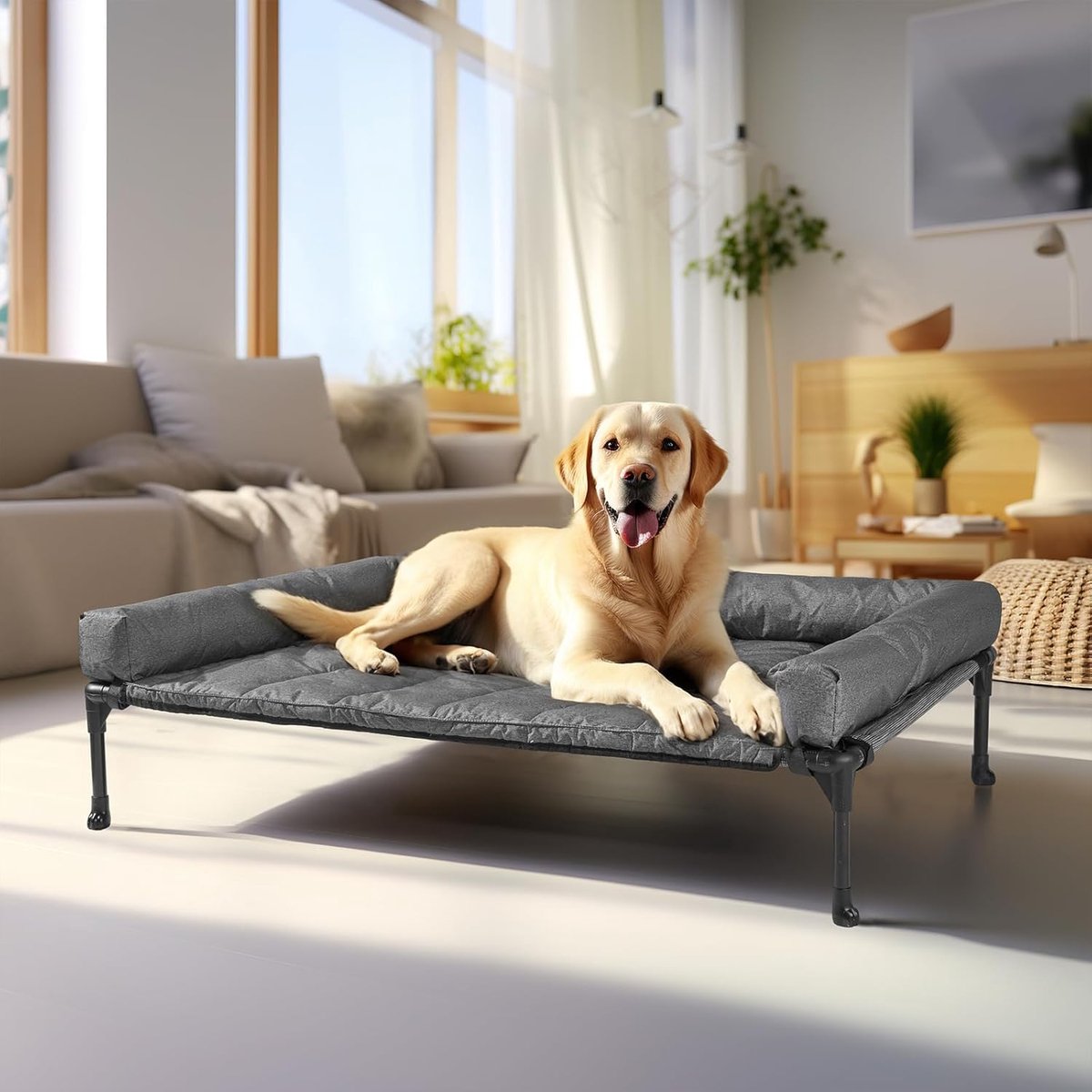 Verkoelend verhoogd hondenbed met verwijderbare waterdichte steunkussen, verhoogd huisdierenbed met ademend Teslin gaas, antislip voeten, hondenbank bed voor binnen en buiten, groot, zwart