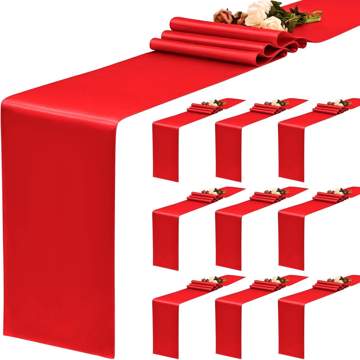 Set van 10 rode satijnen tafelloper, 30 x 183 cm lange zijden loper voor bruiloft, feest, verjaardag, banket, decoratie