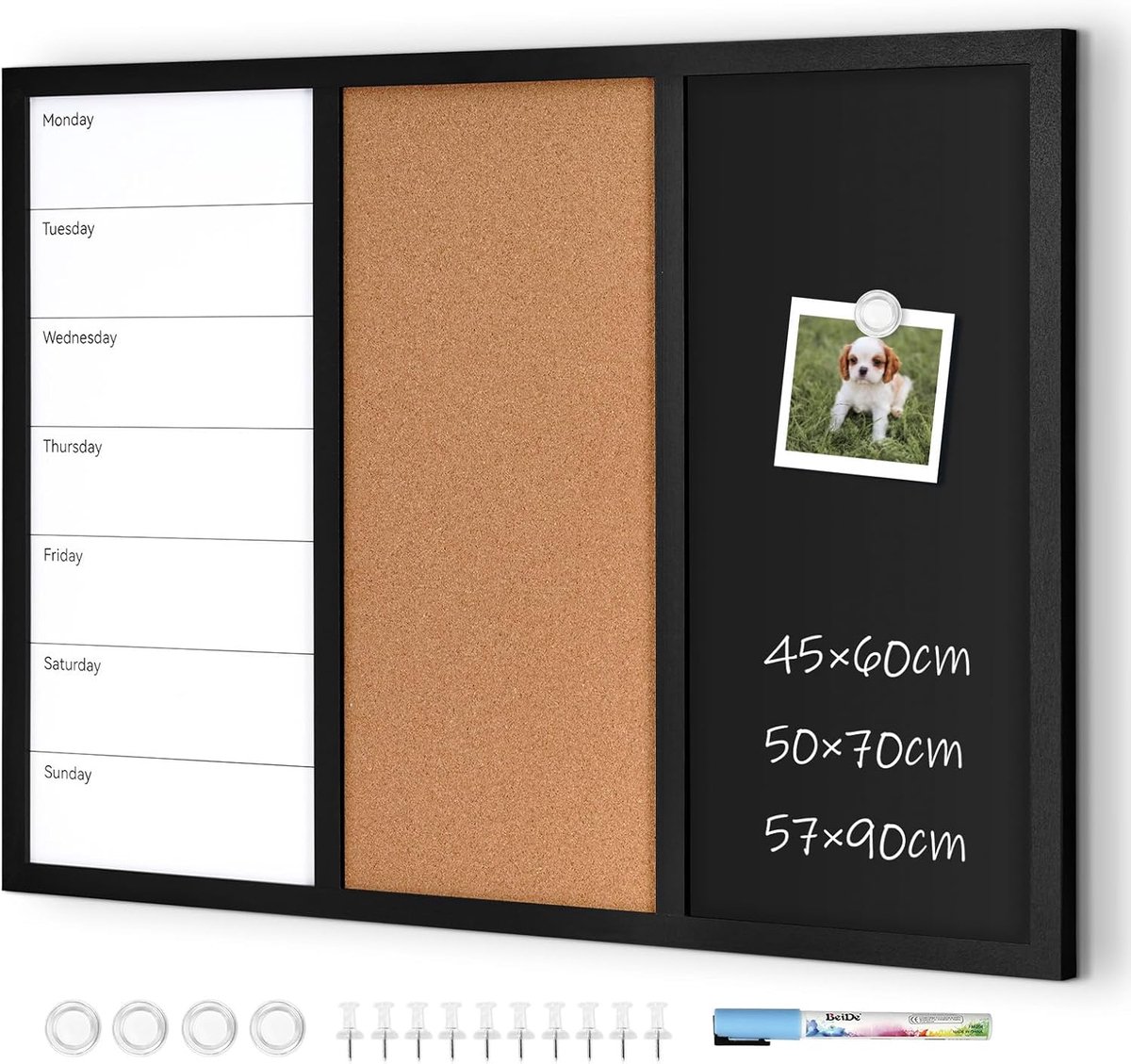 Combibord met krijtbord, whiteboard en prikbord van kurk 50x70cm | Magnetisch krijtbord, prikbord kurk, magnetisch oppervlak, whiteboard kalender, magneetbord memobord, prikbord keuken