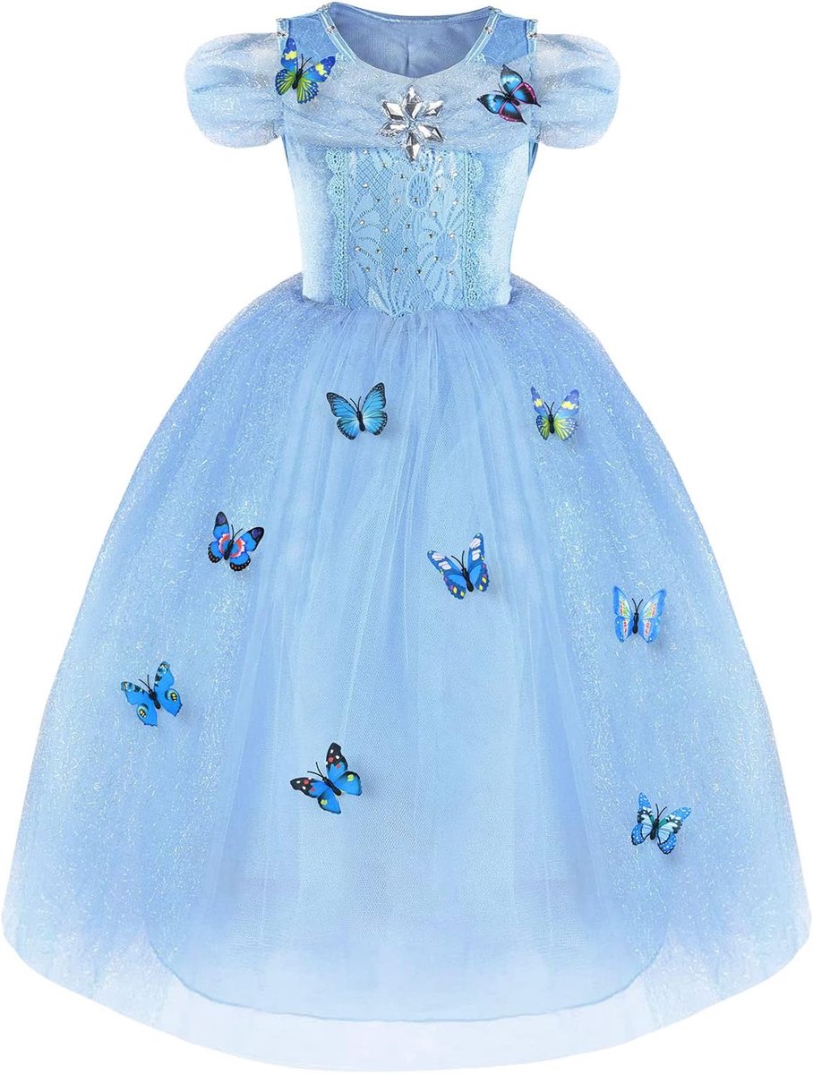Assepoesterjurk, Assepoester prinsessenkostuum met vlinder, Blauwe dansjurk Prinsessenjurk voor meisjes, Fancy tule jurk voor bruiloft, feest, prom, voor 3-8 jaar oud