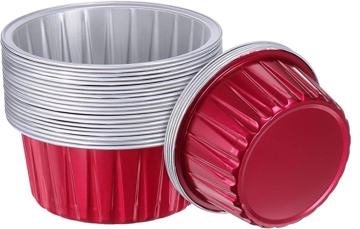 Cupcake-bekers, rood, 25 stuks standaard cupcake-vormpjes van aluminiumfolie, 15 gram, wegwerp-cupcake-vormpjes voor desserts, benodigdheden voor verjaardagsfeesten, bruiloftsdecoraties